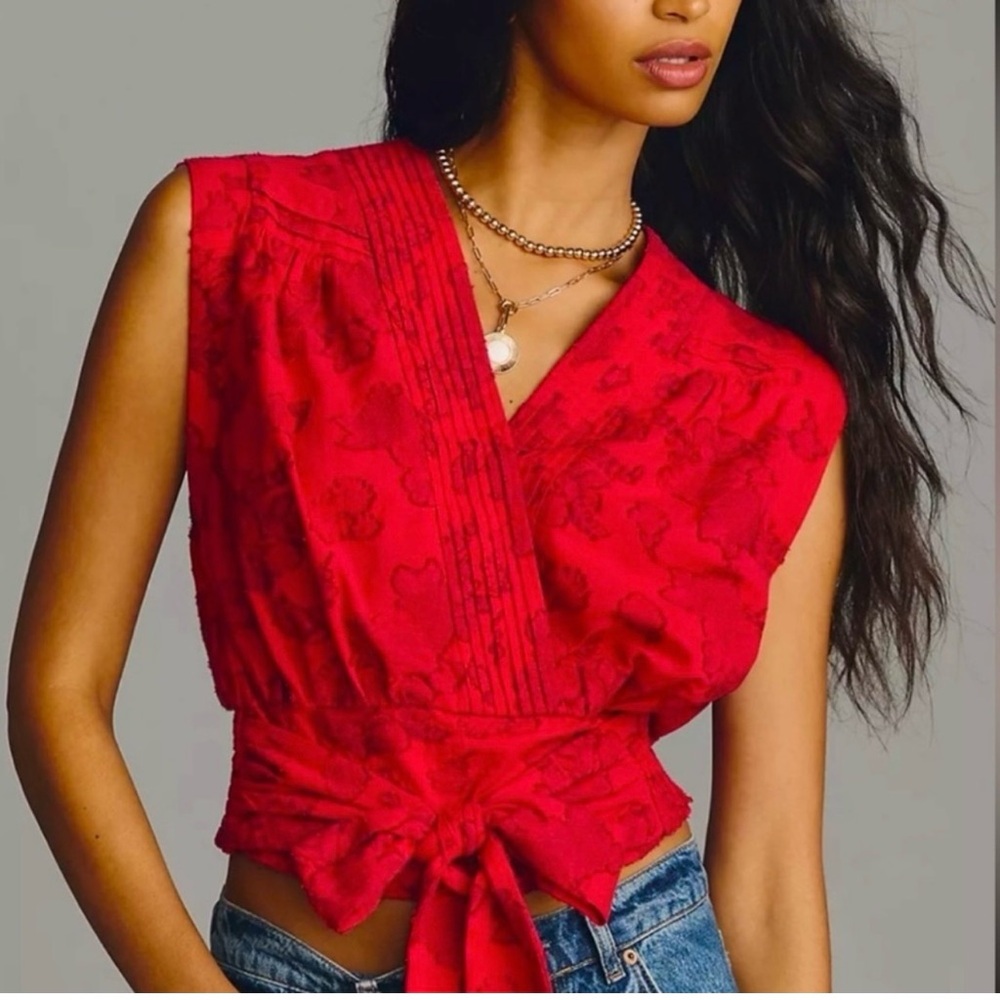 Anthropologie Red Wrap Top